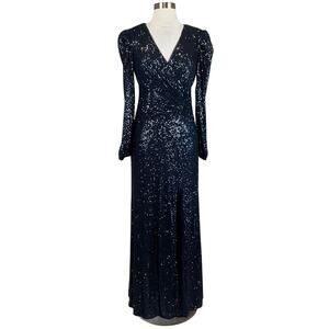 AQUA Women's Formal Dress Size 6 Blue Sequined Long Sleeve Thigh Slit Gown